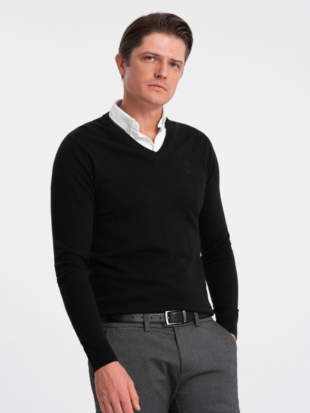 Ombre Clothing Férfi fekete pulóver inggallérral Ombre ruházat