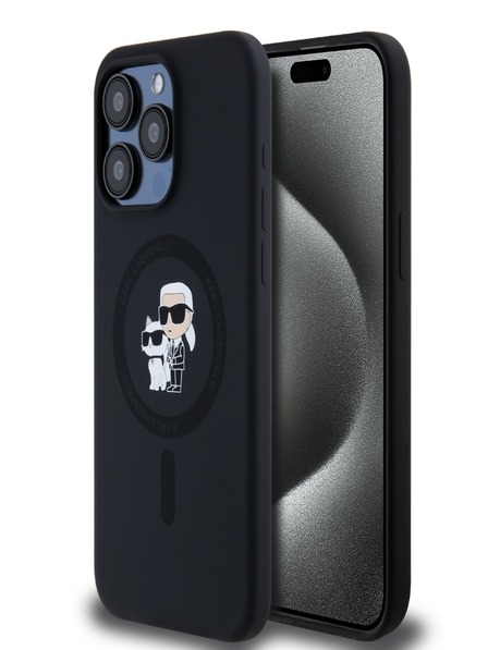 Karl Lagerfeld Folyékony szilikon Karl és Choupette Magsafe hátlap iPhone 15 Pro Max fekete Karl Lagerfeld fekete iPhone 15 Pro Max-hoz